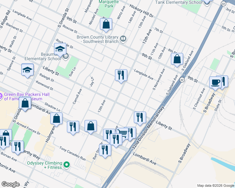 map of restaurants, bars, coffee shops, grocery stores, and more near 921 Waverly Place in Green Bay