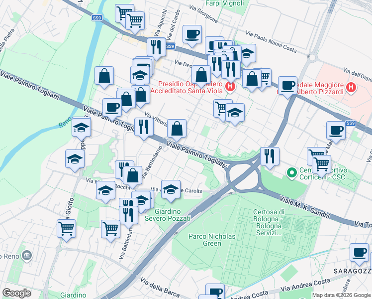 map of restaurants, bars, coffee shops, grocery stores, and more near 26 Via Dosso Dossi in Bologna