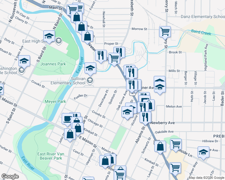 map of restaurants, bars, coffee shops, grocery stores, and more near 1628 Deckner Avenue in Green Bay