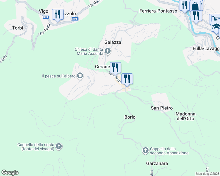 map of restaurants, bars, coffee shops, grocery stores, and more near 18 Via Carli in Gaiazza