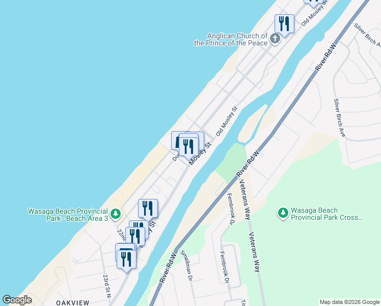 map of restaurants, bars, coffee shops, grocery stores, and more near 818 Mosley Street in Wasaga Beach