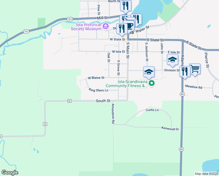 map of restaurants, bars, coffee shops, grocery stores, and more near 315 King Olavs Lane in Iola