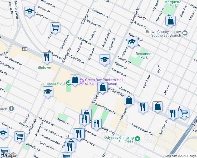 map of restaurants, bars, coffee shops, grocery stores, and more near 1173 Shadow Lane in Green Bay