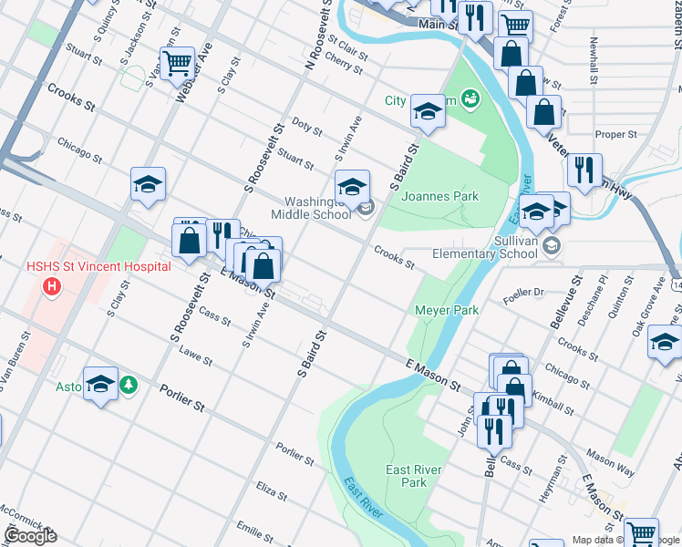 map of restaurants, bars, coffee shops, grocery stores, and more near 1369 Chicago Street in Green Bay