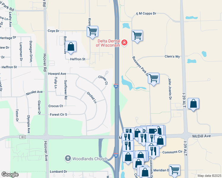 map of restaurants, bars, coffee shops, grocery stores, and more near Interstate 39 in Stevens Point