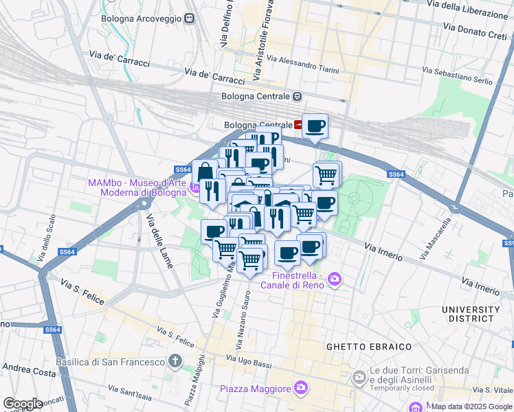map of restaurants, bars, coffee shops, grocery stores, and more near 1 Piazza dei Martiri 1943 - 1945 in Bologna