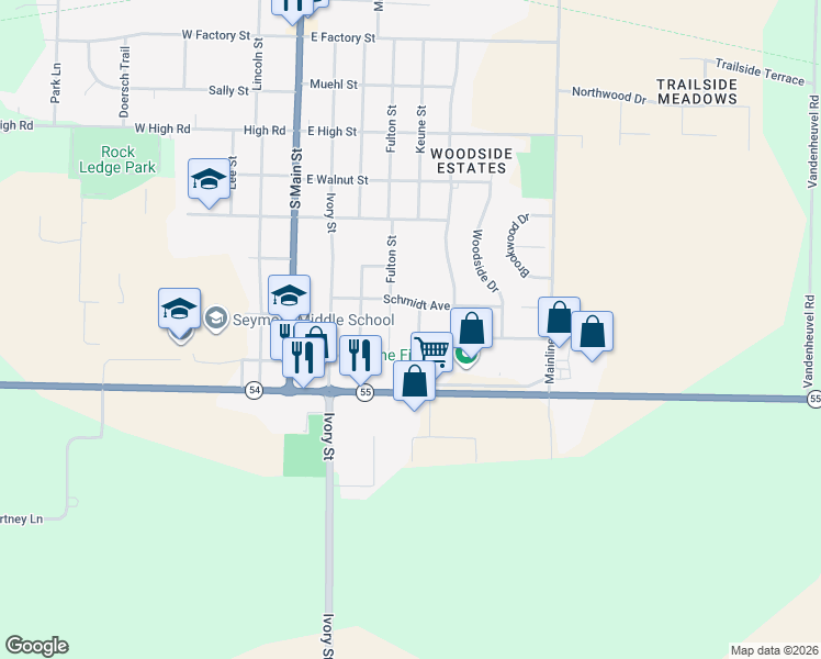 map of restaurants, bars, coffee shops, grocery stores, and more near 931 Orchard Drive in Seymour
