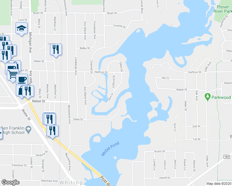 map of restaurants, bars, coffee shops, grocery stores, and more near 3265 Dans Drive in Stevens Point