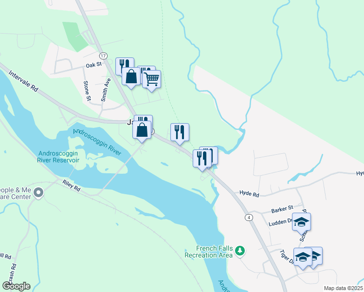 map of restaurants, bars, coffee shops, grocery stores, and more near 254 Main Street in Jay