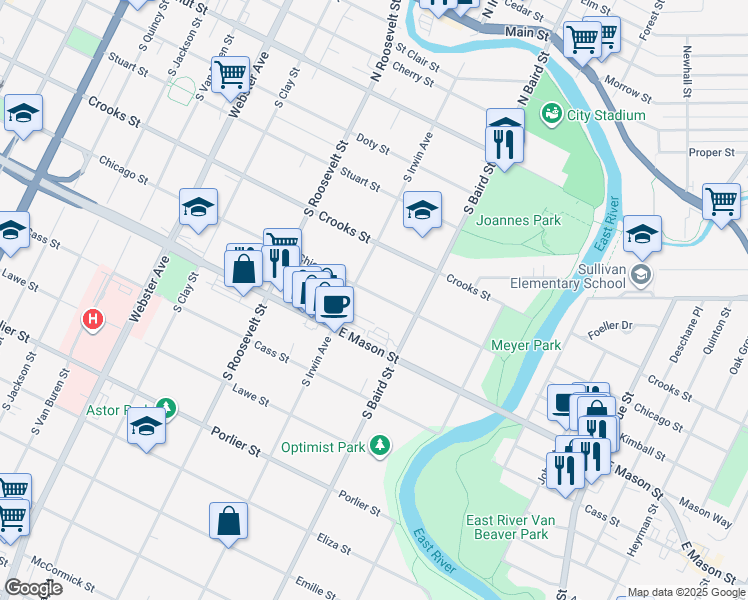 map of restaurants, bars, coffee shops, grocery stores, and more near 1326 Chicago Street in Green Bay