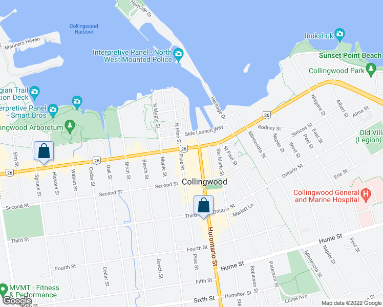 map of restaurants, bars, coffee shops, grocery stores, and more near 12 Hurontario Street in Collingwood