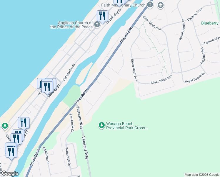 map of restaurants, bars, coffee shops, grocery stores, and more near 61 Antigua Drive in Wasaga Beach