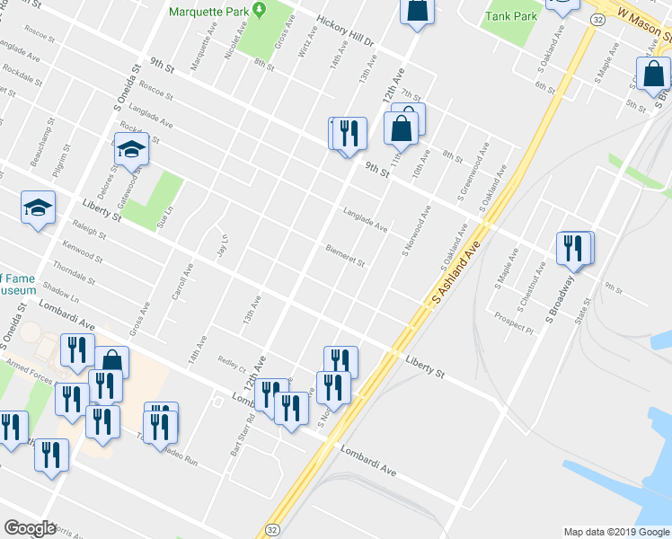 map of restaurants, bars, coffee shops, grocery stores, and more near 892 Waverly Place in Green Bay