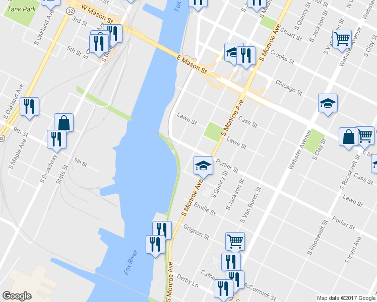 map of restaurants, bars, coffee shops, grocery stores, and more near 902 South Madison Street in Green Bay