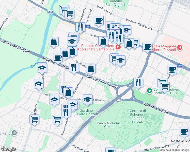 map of restaurants, bars, coffee shops, grocery stores, and more near 26 Via Dossi Dosso in Bologna
