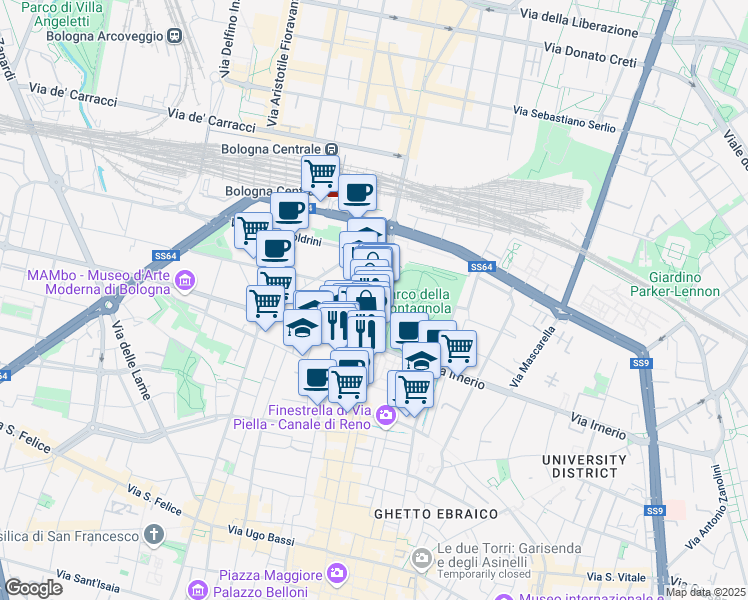 map of restaurants, bars, coffee shops, grocery stores, and more near 70 Via dell'Indipendenza in Bologna