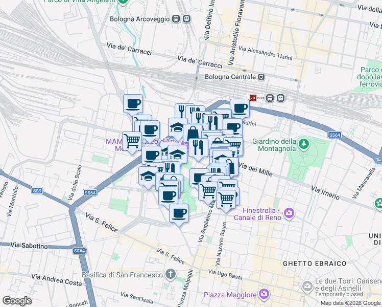 map of restaurants, bars, coffee shops, grocery stores, and more near 14e Via Don Giovanni Minzoni in Bologna