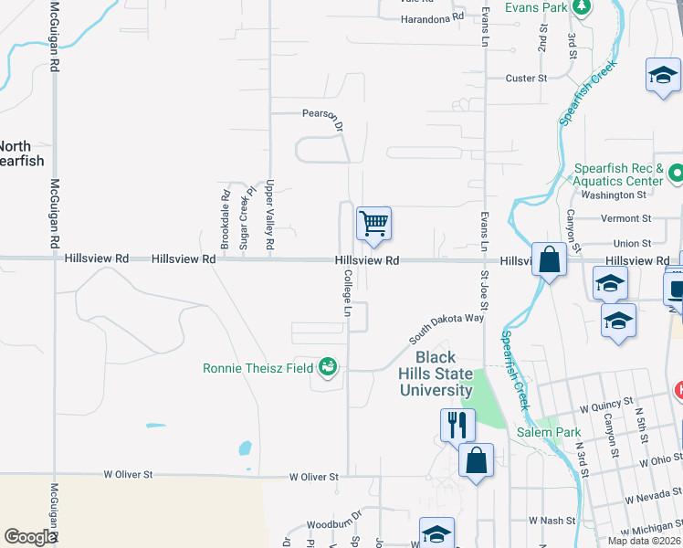 map of restaurants, bars, coffee shops, grocery stores, and more near 1815 College Lane in Spearfish