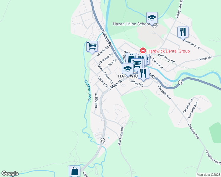map of restaurants, bars, coffee shops, grocery stores, and more near 60 Upper Cherry Street in Hardwick