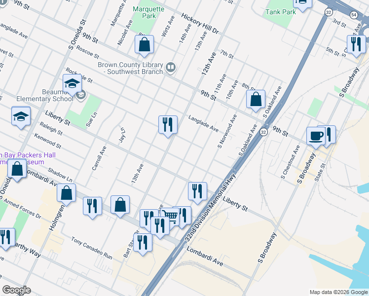 map of restaurants, bars, coffee shops, grocery stores, and more near 892 Waverly Place in Green Bay