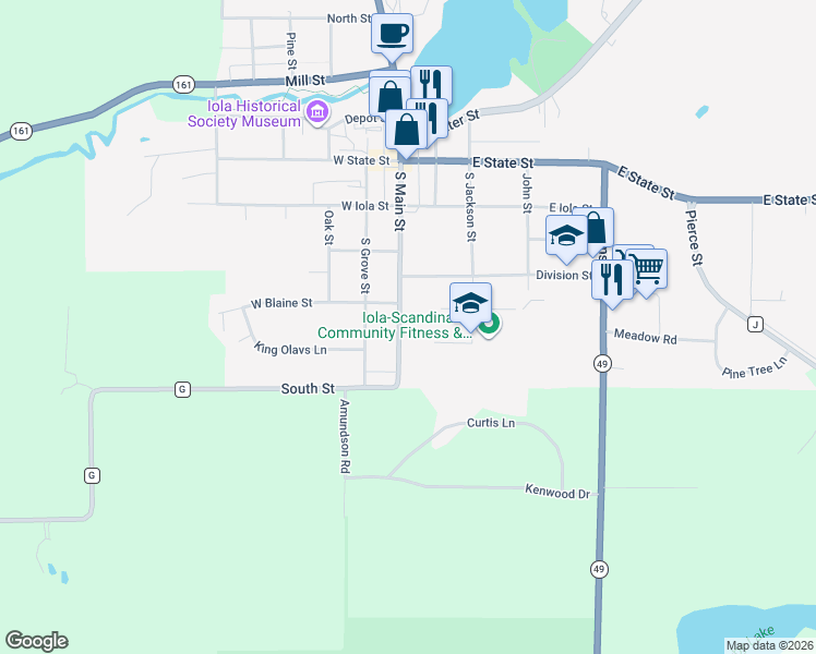 map of restaurants, bars, coffee shops, grocery stores, and more near 278 West Hill Street in Iola