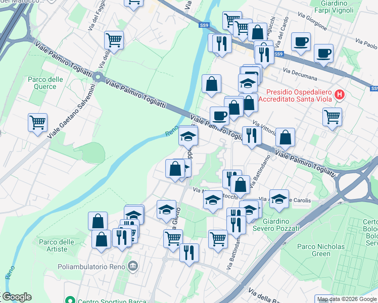 map of restaurants, bars, coffee shops, grocery stores, and more near 4 Via Umberto Boccioni in Bologna