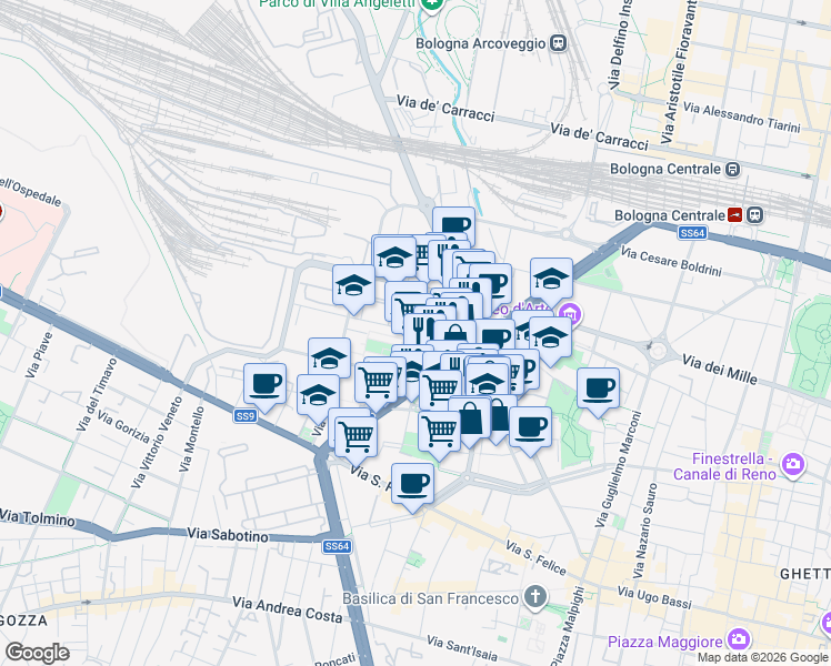 map of restaurants, bars, coffee shops, grocery stores, and more near 2 Viale Antonio Silvani in Bologna
