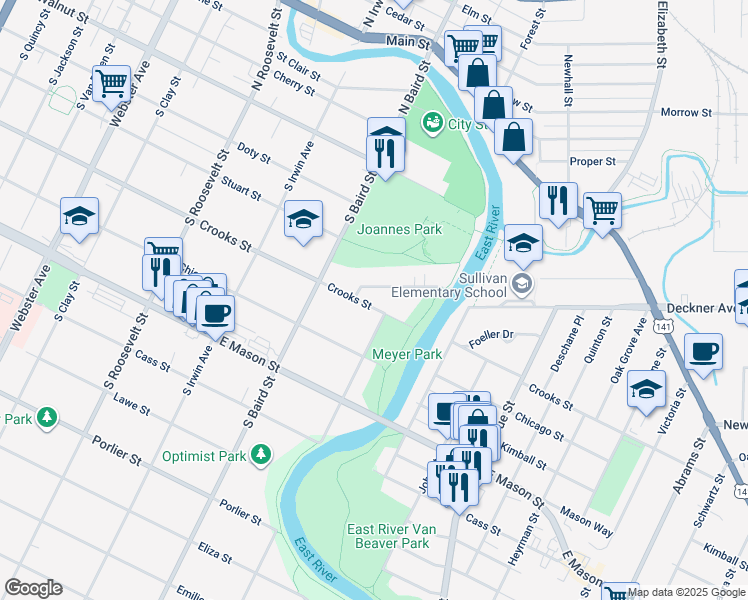 map of restaurants, bars, coffee shops, grocery stores, and more near 1447 Crooks Street in Green Bay