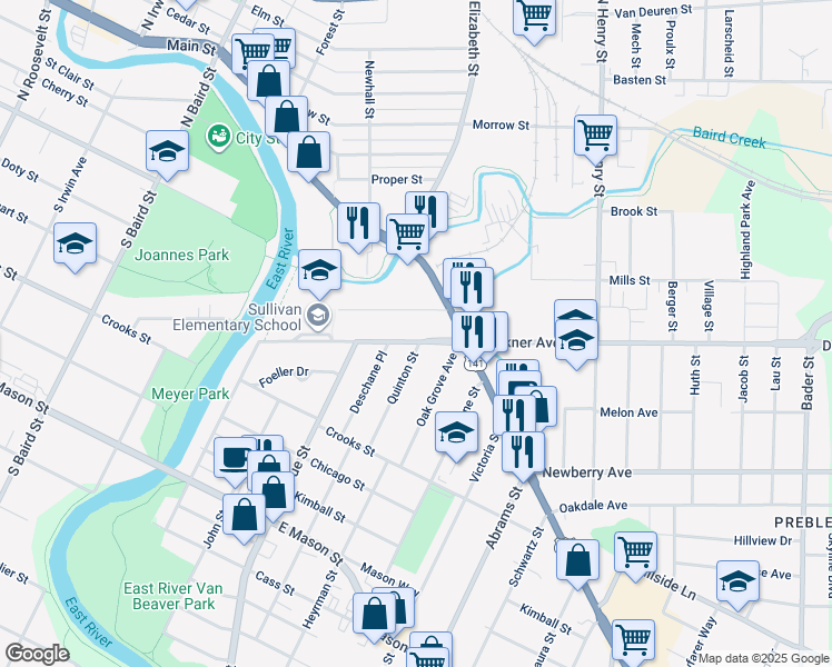 map of restaurants, bars, coffee shops, grocery stores, and more near 204 Quinton Street in Green Bay