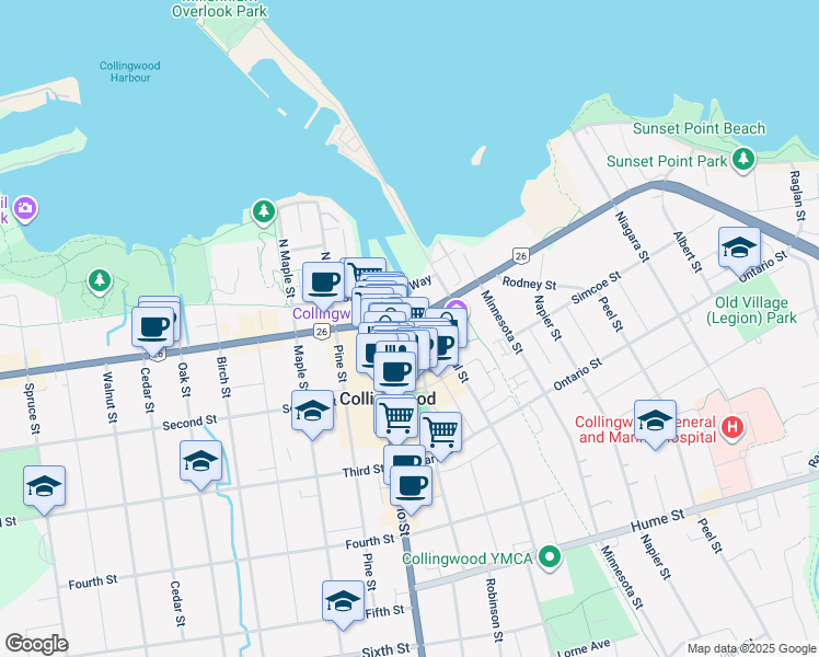 map of restaurants, bars, coffee shops, grocery stores, and more near in Collingwood