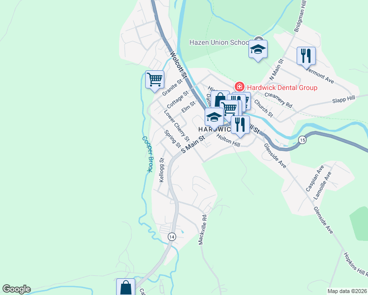 map of restaurants, bars, coffee shops, grocery stores, and more near 40 Lower Cherry Street in Hardwick