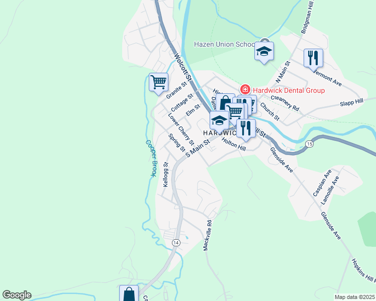 map of restaurants, bars, coffee shops, grocery stores, and more near 40 Lower Cherry Street in Hardwick