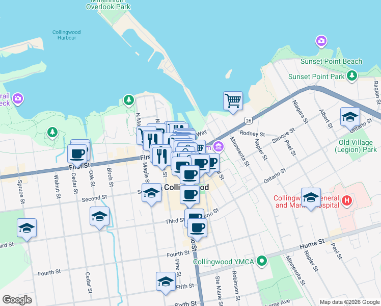 map of restaurants, bars, coffee shops, grocery stores, and more near in Collingwood