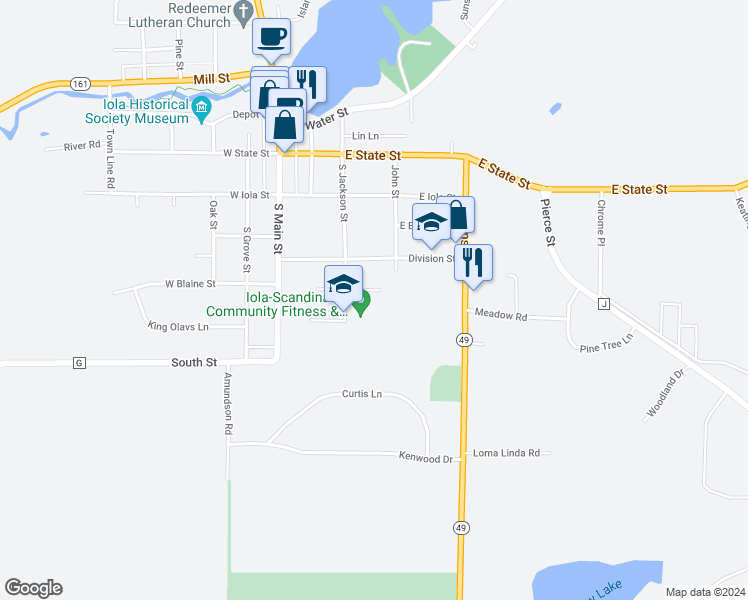 map of restaurants, bars, coffee shops, grocery stores, and more near 365 Mc Kinley Street in Iola