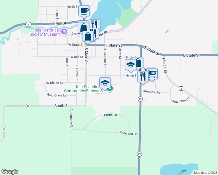 map of restaurants, bars, coffee shops, grocery stores, and more near 365 Mc Kinley Street in Iola