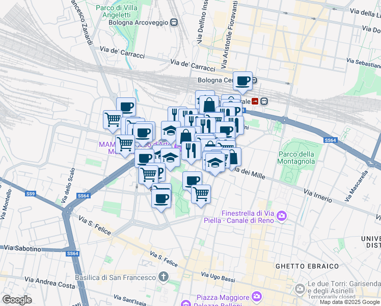map of restaurants, bars, coffee shops, grocery stores, and more near 14-16 Via Don Giovanni Minzoni in Bologna