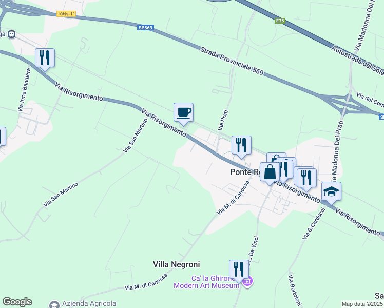 map of restaurants, bars, coffee shops, grocery stores, and more near 325 Via Risorgimento in Zola Predosa