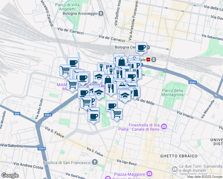 map of restaurants, bars, coffee shops, grocery stores, and more near 16 Via Don Giovanni Minzoni in Bologna