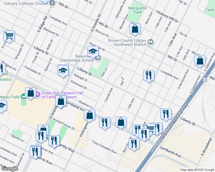 map of restaurants, bars, coffee shops, grocery stores, and more near 1620 Gross Avenue in Green Bay