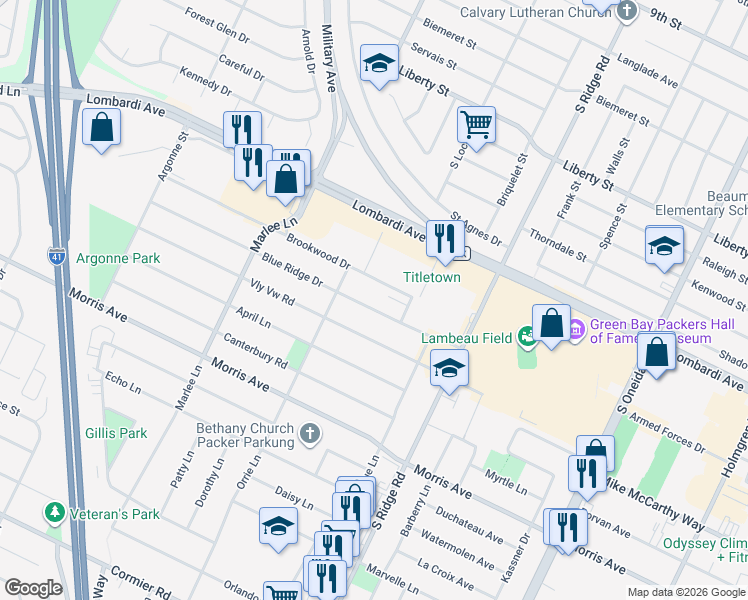 map of restaurants, bars, coffee shops, grocery stores, and more near 1133 Brookwood Drive in Green Bay