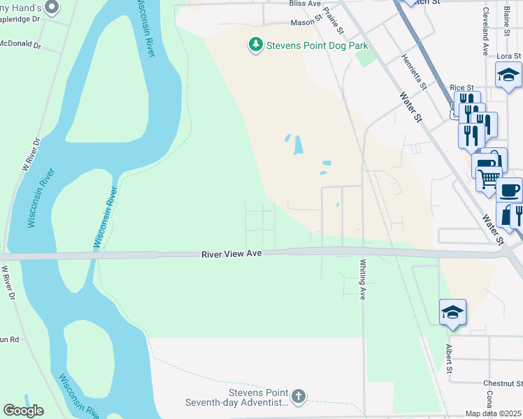 map of restaurants, bars, coffee shops, grocery stores, and more near 1200 River View Avenue in Stevens Point