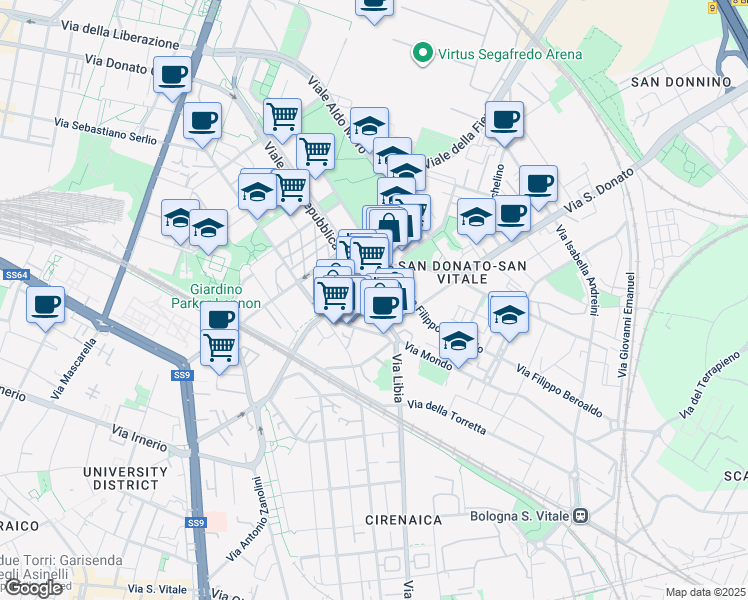 map of restaurants, bars, coffee shops, grocery stores, and more near 2 Via Ermanno Galeotti in Bologna
