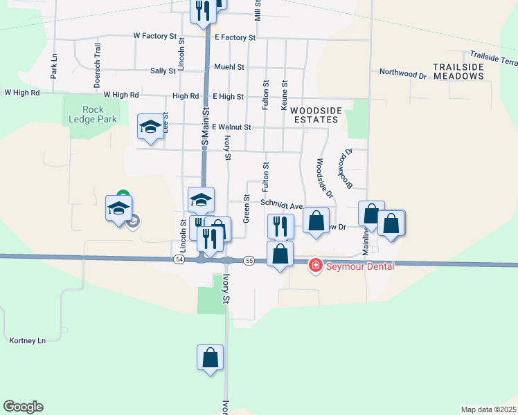 map of restaurants, bars, coffee shops, grocery stores, and more near 826 Green Street in Seymour