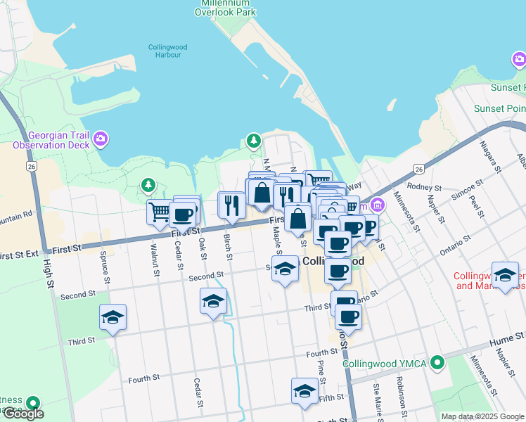 map of restaurants, bars, coffee shops, grocery stores, and more near 115 First Street in Collingwood