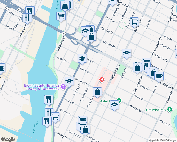 map of restaurants, bars, coffee shops, grocery stores, and more near 745 South Quincy Street in Green Bay