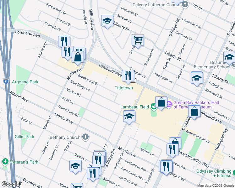 map of restaurants, bars, coffee shops, grocery stores, and more near 1056 Brookwood Drive in Ashwaubenon