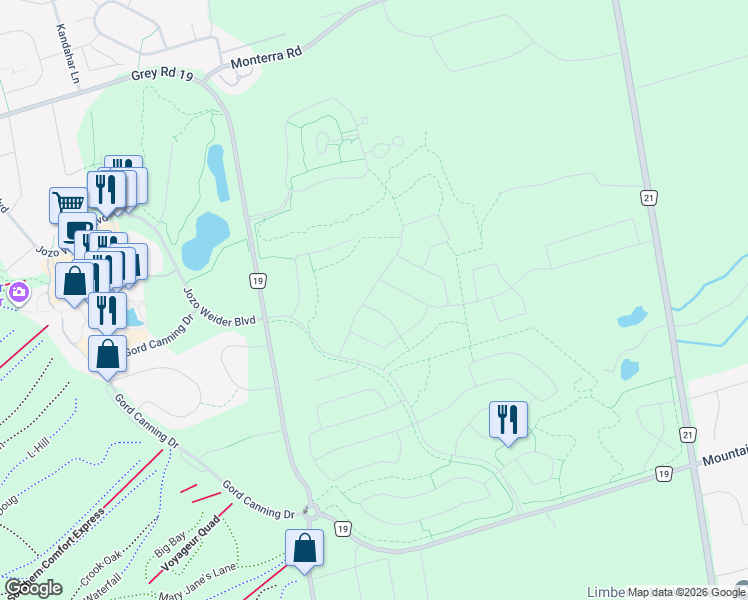 map of restaurants, bars, coffee shops, grocery stores, and more near Creekwood Court in Grey County