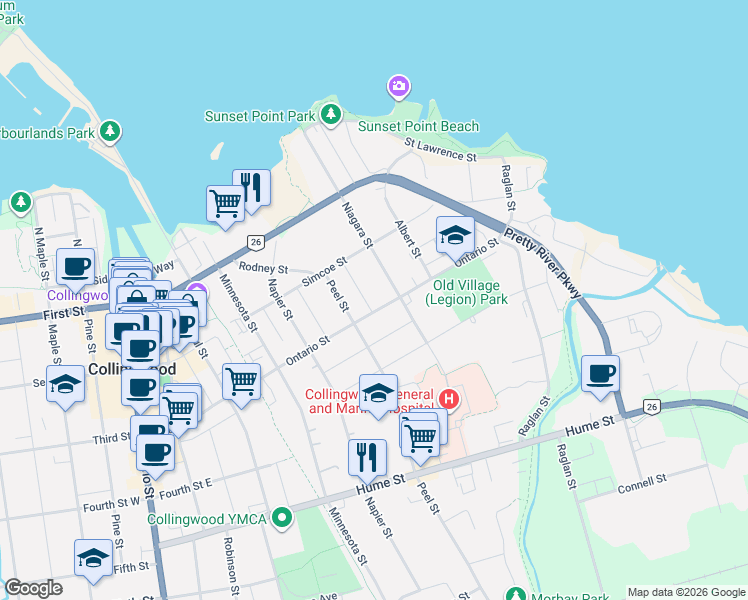 map of restaurants, bars, coffee shops, grocery stores, and more near in Collingwood