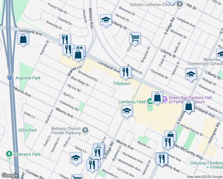 map of restaurants, bars, coffee shops, grocery stores, and more near 1109 Lombardi Avenue in Green Bay