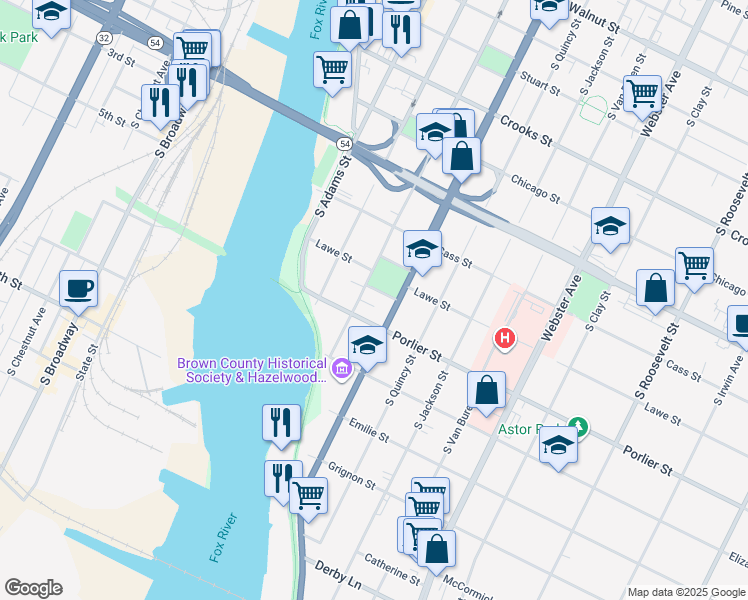 map of restaurants, bars, coffee shops, grocery stores, and more near 514 Congress Street in Green Bay